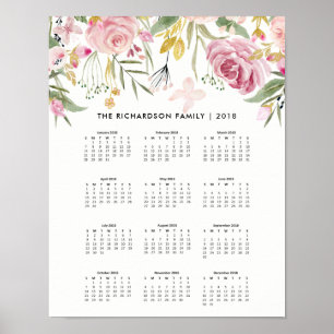 Blush Pink and Faux Gold Flowers 2018 Calendar Poster