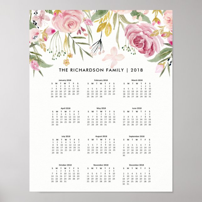 Blush Pink and Faux Gold Flowers | 2018 Calendar Poster (Front)