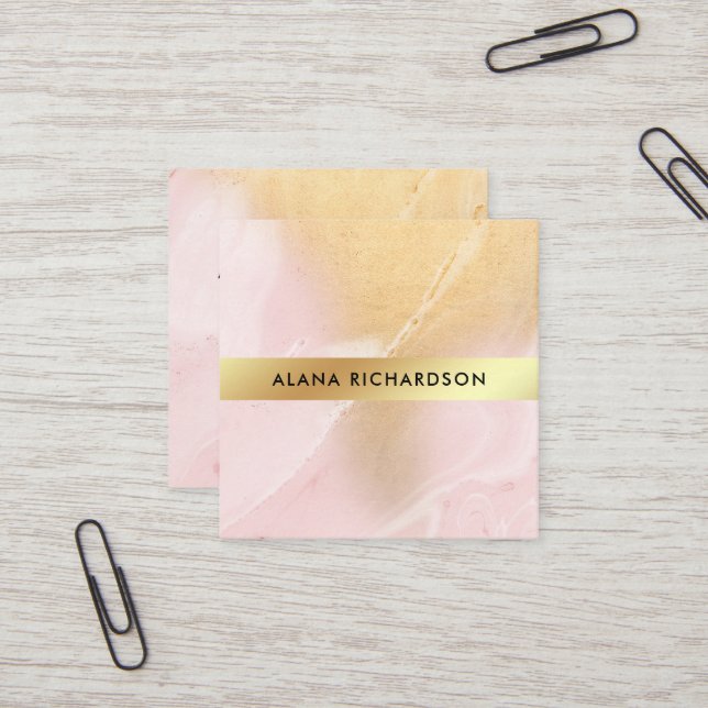 Blush Pink and Faux Gold Look Square Business Card (Front/Back In Situ)