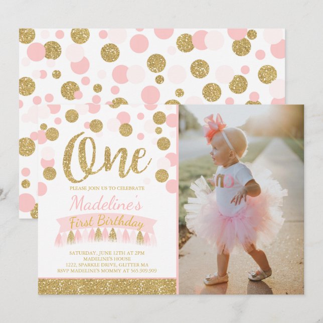 Blush Pink And Gold 1st Birthday Invitation (Front/Back)