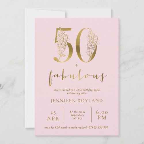 Blush Pink and Gold 50 and Fabulous Birthday Party Invitation