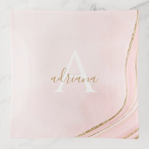 Blush Pink and Gold accent Monogram Trinket Tray