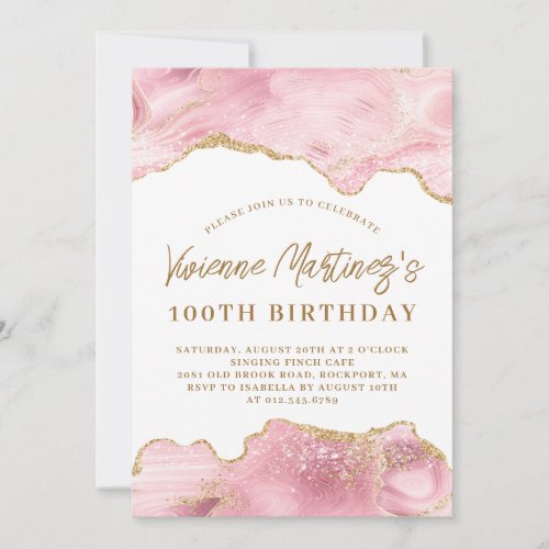 Blush Pink and Gold Agate 100th Birthday Invitation