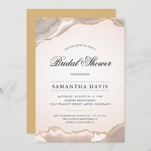 Blush Pink and Gold Agate Elegant Bridal Shower Invitation - This sophisticated bridal shower invitation features a beautiful border of blush pink and gold glitter agate and is accented with script text. This classy design is perfect any season.