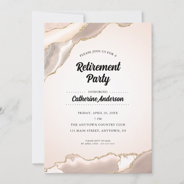 Blush Pink and Gold Agate Elegant Retirement Party Invitation (Front)