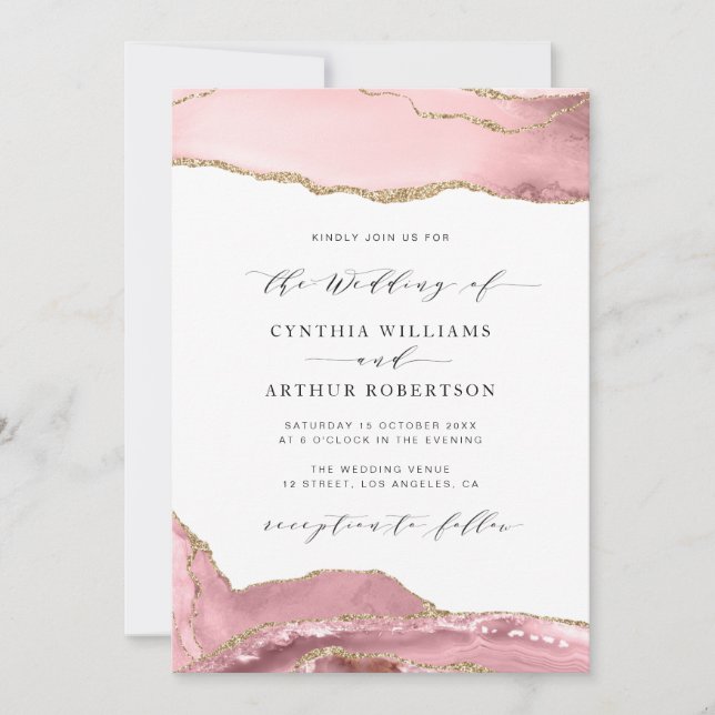 blush pink and gold agate wedding invitation (Front)