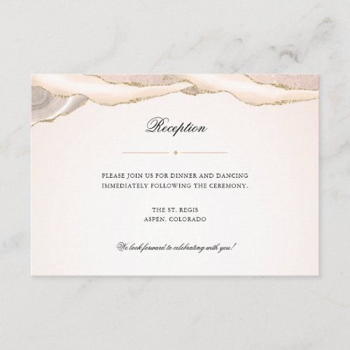 Blush Pink and Gold Agate Wedding Reception Enclosure Card - This reception enclosure card features a simple modern design accented with a blush pink and gold glitter agate border across the top.