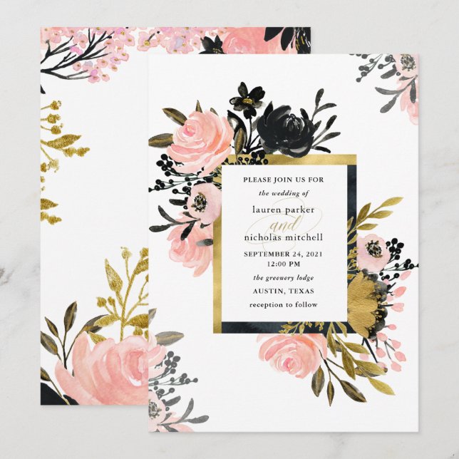Blush Pink and Gold and Black Floral Wedding Invitation (Front/Back)