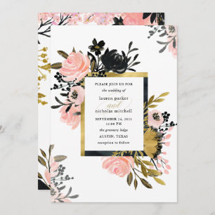 Blush Pink and Gold and Black Floral Wedding Invitation