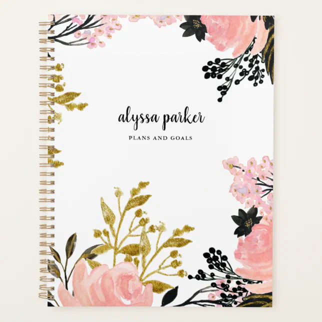 Blush Pink and Gold and Black Watercolor Floral Planner | Zazzle
