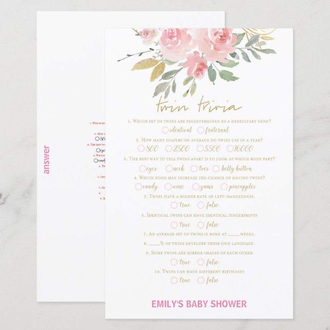 Blush Pink and Gold Baby Shower Game PRINTED (Front/Back)