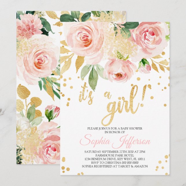 Blush Pink and Gold Baby Shower Invitation (Front/Back)