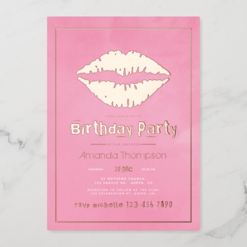 Blush Pink and Gold Birthday Kiss Lips Foil Invitation