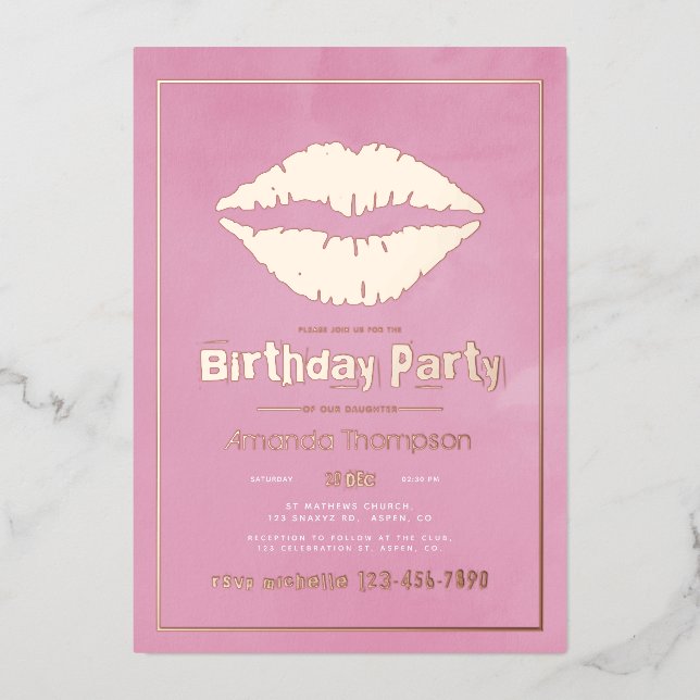 Blush Pink and Gold Birthday Kiss Lips Foil Invitation (Front)
