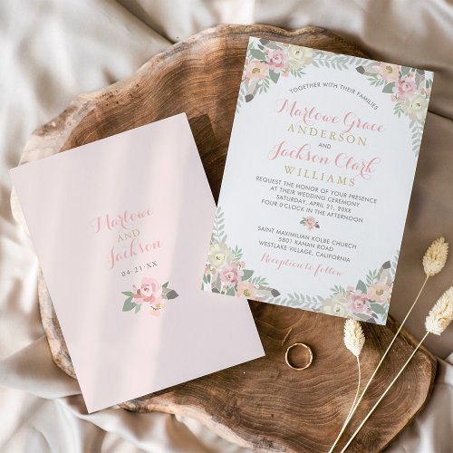 Blush Pink and Gold Boho Floral Border Wedding Invitation