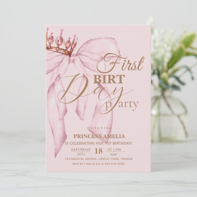 Blush Pink and Gold Bow First Birthday Party Invitation (Standing Front)