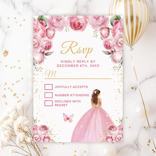 Blush Pink and Gold Brown Hair Princess RSVP Card (Creator Uploaded)
