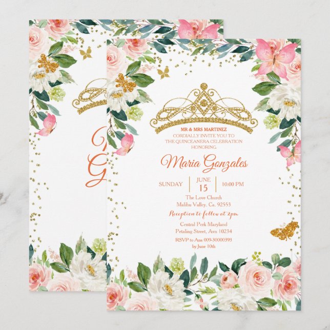 Blush Pink and Gold Butterfly Mis Quince Invitation (Front/Back)