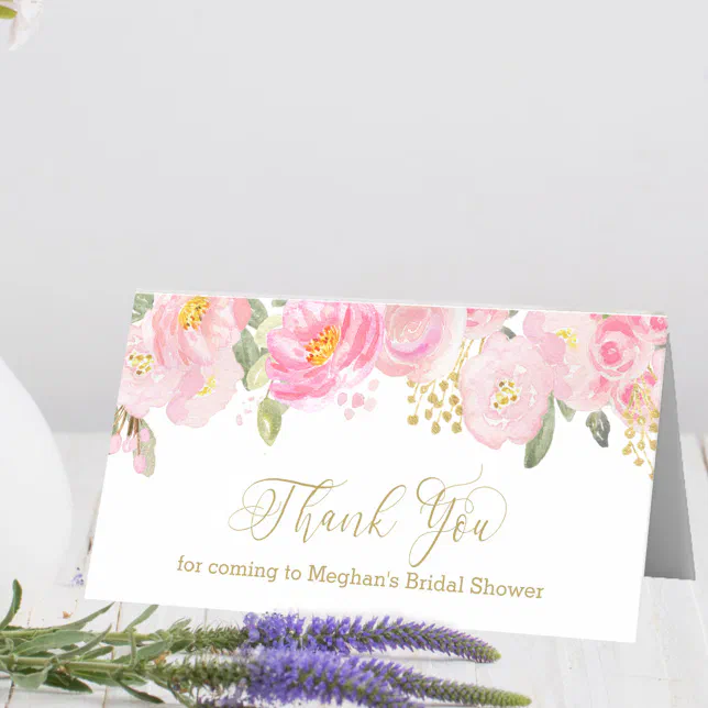 Blush Pink and Gold Calligraphy Floral Thank You Place Card | Zazzle