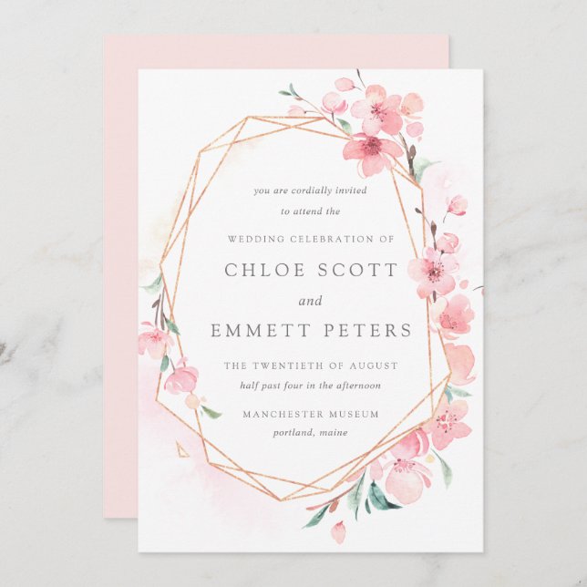 Blush Pink and Gold Cherry Blossom Wedding Invitation (Front/Back)