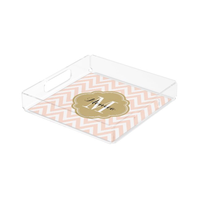 Blush Pink and Gold Chevron Monogram Acrylic Tray (Angled)