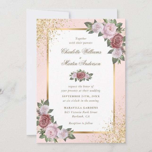 Blush Pink and Gold Confetti Floral Wedding Invitation (Front)