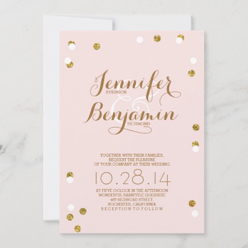 Blush pink and gold confetti modern wedding invite
