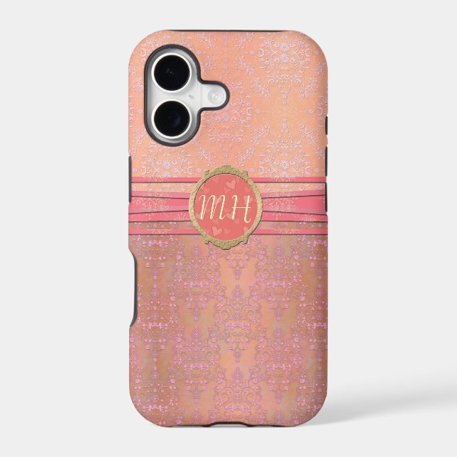 Blush Pink and Gold Damask Custom Monogram Pattern Iphone Case (Back)