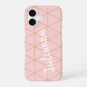Blush Pink and Gold Diamond Grid Line Personalized iPhone 16 Case