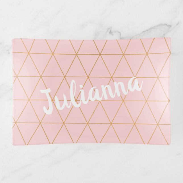 Blush Pink and Gold Diamond Grid Line Personalized Trinket Tray (Front)