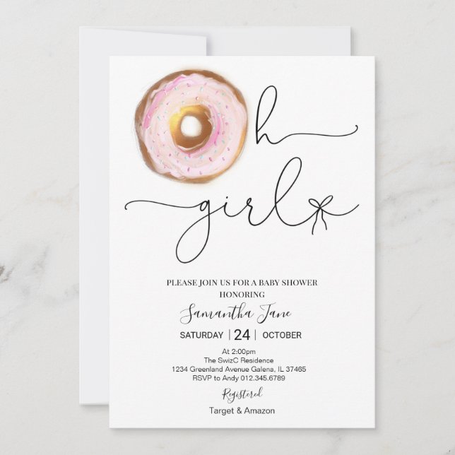 Blush Pink and Gold Donut Oh Girl Baby Shower Invitation (Front)