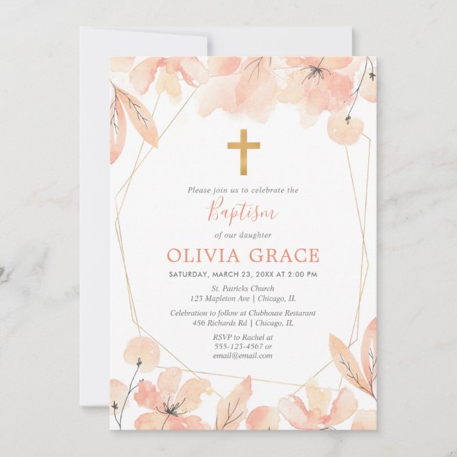 Blush pink and gold elegant floral Baptism Invitation (Front)