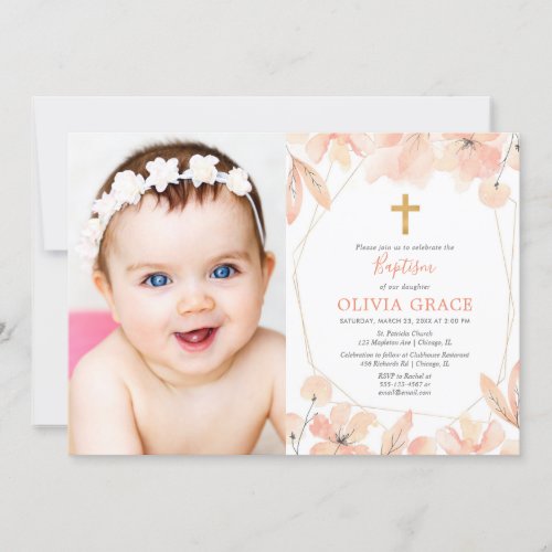 Blush pink and gold elegant floral Baptism photo Invitation