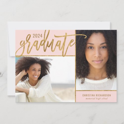 Blush Pink and Gold Faux Foil 2 Photo Graduation Announcement