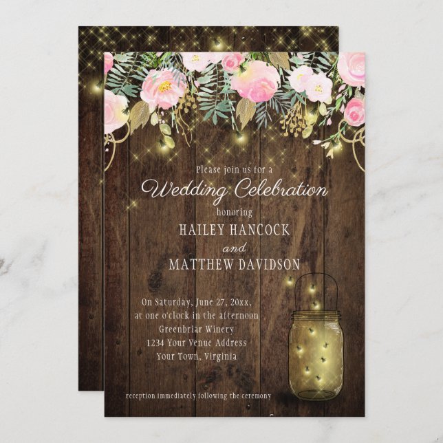 Blush Pink and Gold Fireflies Mason Jars Wedding Invitation (Front/Back)