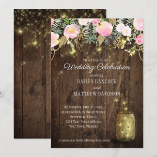 Blush Pink and Gold Fireflies Mason Jars Wedding Invitation