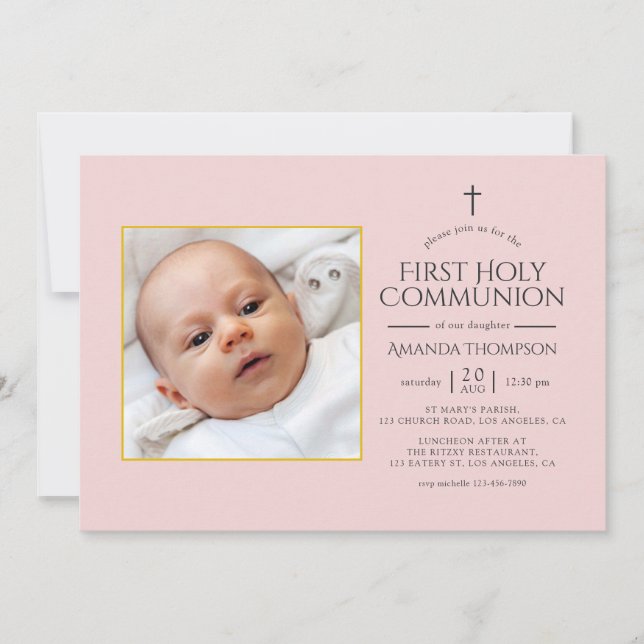 Blush Pink and Gold First Holy Communion Photo Invitation (Front)