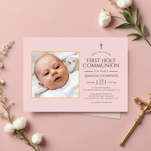 Blush Pink and Gold First Holy Communion Photo Invitation