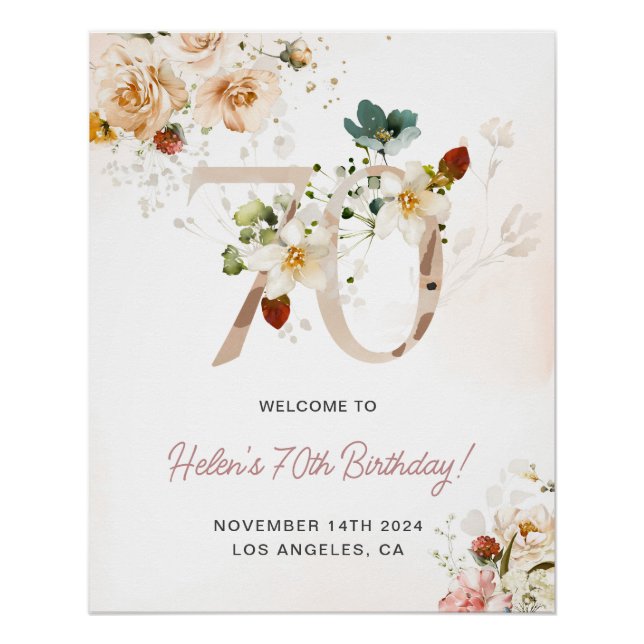 Blush Pink and Gold Floral 70th Birthday Welcome Poster (Front)