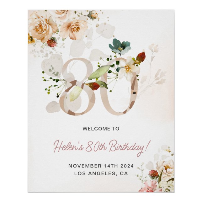 Blush Pink and Gold Floral 80th Birthday Welcome Poster (Front)