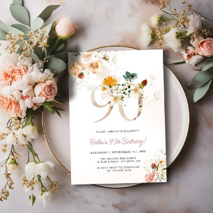 Blush Pink and Gold Floral 90th Birthday Invite