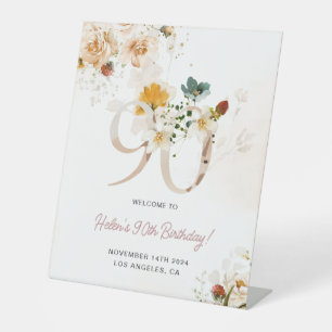 Blush Pink and Gold Floral 90th Birthday Welcome Pedestal Sign