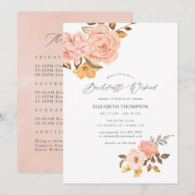 Blush Pink and Gold Floral Bachelorette Weekend Invitation (Front/Back)