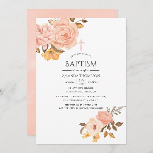 Blush Pink and Gold Floral Baptism Invitation