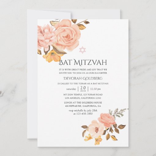 Blush Pink And Gold Floral Bat Mitzvah Invitation Zazzle