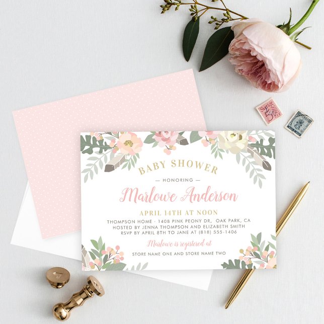 Blush Pink and Gold Floral Boho Girl Baby Shower Invitation (Creator Uploaded)