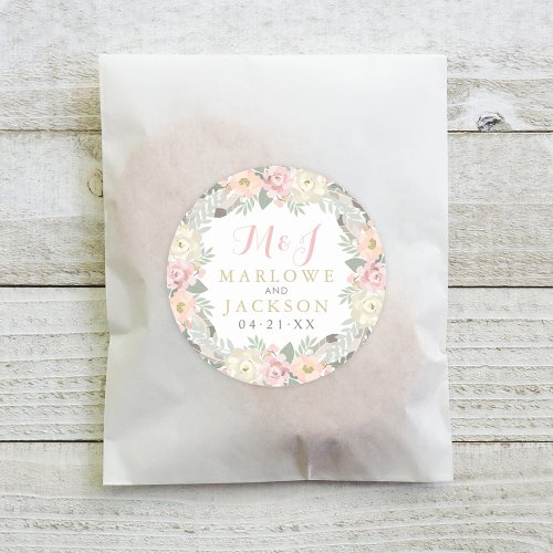 Blush Pink and Gold Floral Boho Wedding Monogram Classic Round Sticker