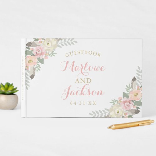 Blush Pink and Gold Floral Boho Wedding Monogram Guest Book