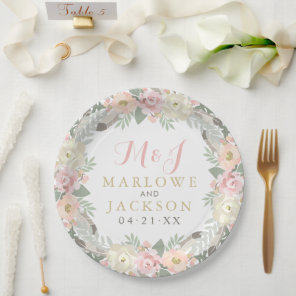 Blush Pink and Gold Floral Boho Wedding Monogram Paper Plates
