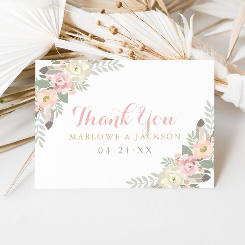 Blush Pink and Gold Floral Boho Wedding Monogram Thank You Card